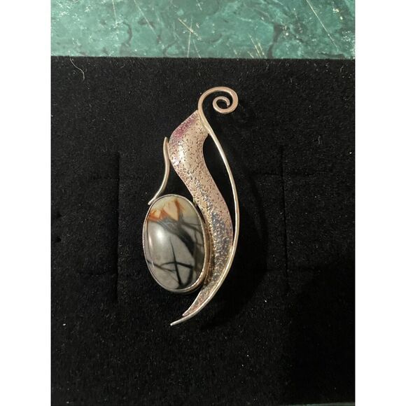 Artisan Sterling Silver Northerner Picasso Jasper Modernist Brooch Pin .925 - Picture 3 of 6